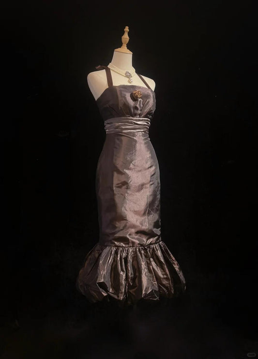 Vintage Dark Brown Satin Sheath Short 7th Grade Homecoming Dress,Halter Mini Party Dress D3384