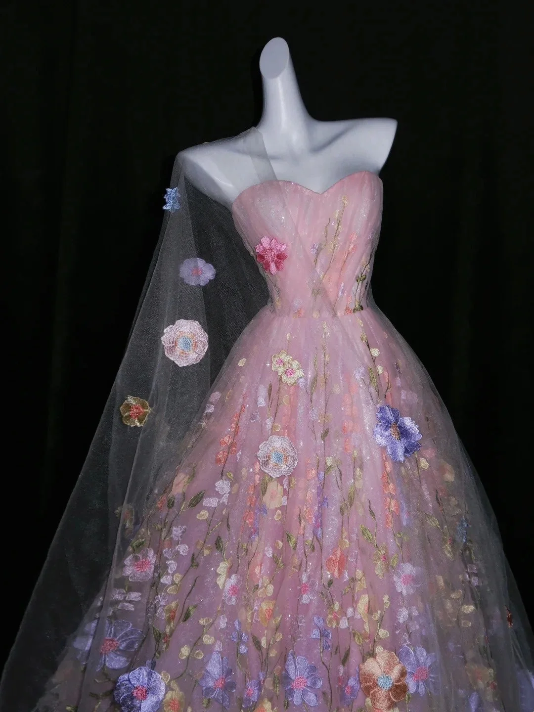 Pretty Strapless Pink Sleeveless Floral Tulle Long Prom Dress Birthday Party Dress D4264