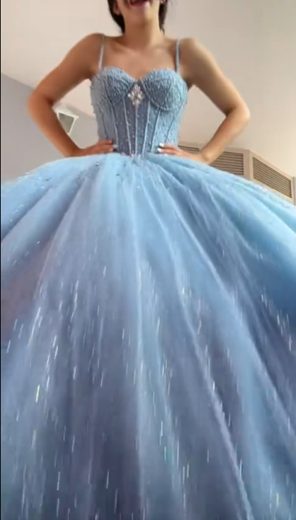 Shiny Spaghetti Straps Blue Tulle Sequin Beaded Formal Quinceanera Dress Sweet 16 Dress D1052