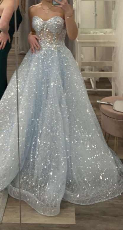 Sparkly Sweetheart Neck Tulle Sequin Blue Long Birthday Party Dress Prom Gown D1183