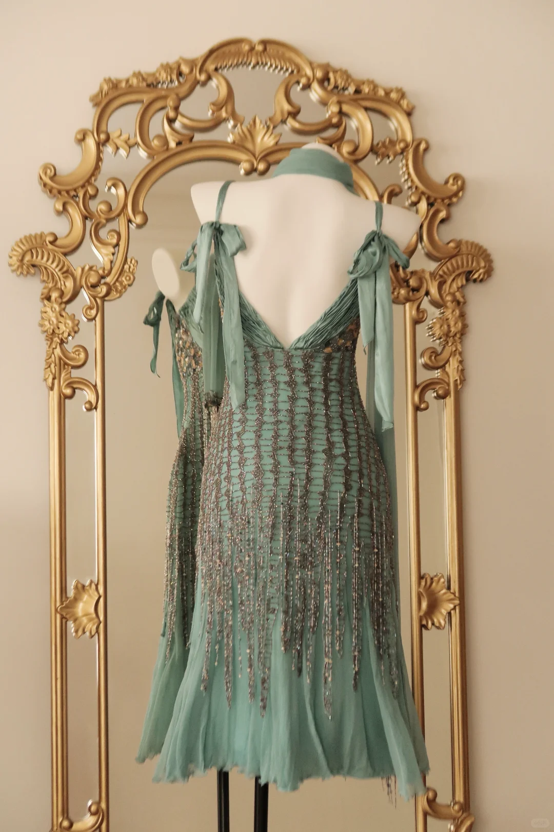 Classy Mint Green Chiffon Beaded Tassel Mermaid Long Party Dress,Spaghetti Straps V Neck Prom Gown With Scarf D2768