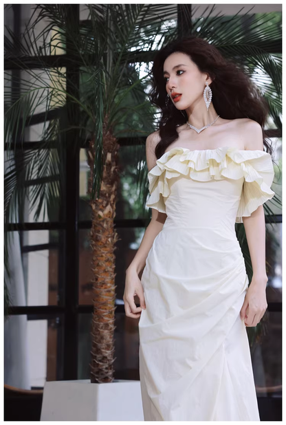 Elegant Beige Strapless Satin Pleated Mermaid Slit Long Evening Dress Birthday Party Dress With Bow D2418