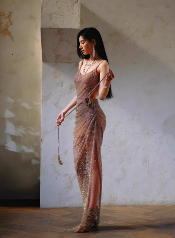 Sexy Spaghetti Straps V Neck Sequin Pleated Slit Long Party Dress Evening Gown D2401