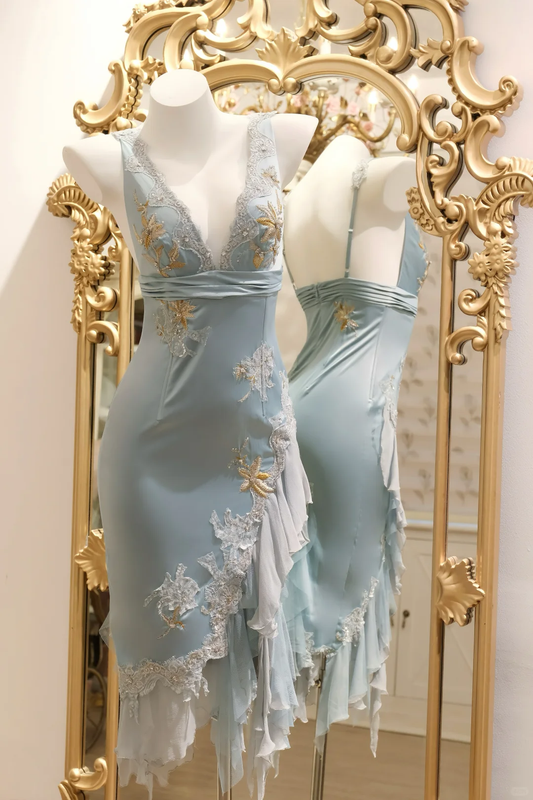 Pretty V Neck Blue Satin Embroidered Lace Sheath Knee Length Party Dress Birthday Dress D2739