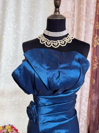 Vintage Strapless Blue Satin Sheath Homecoming Dress Cocktail Dress D1826