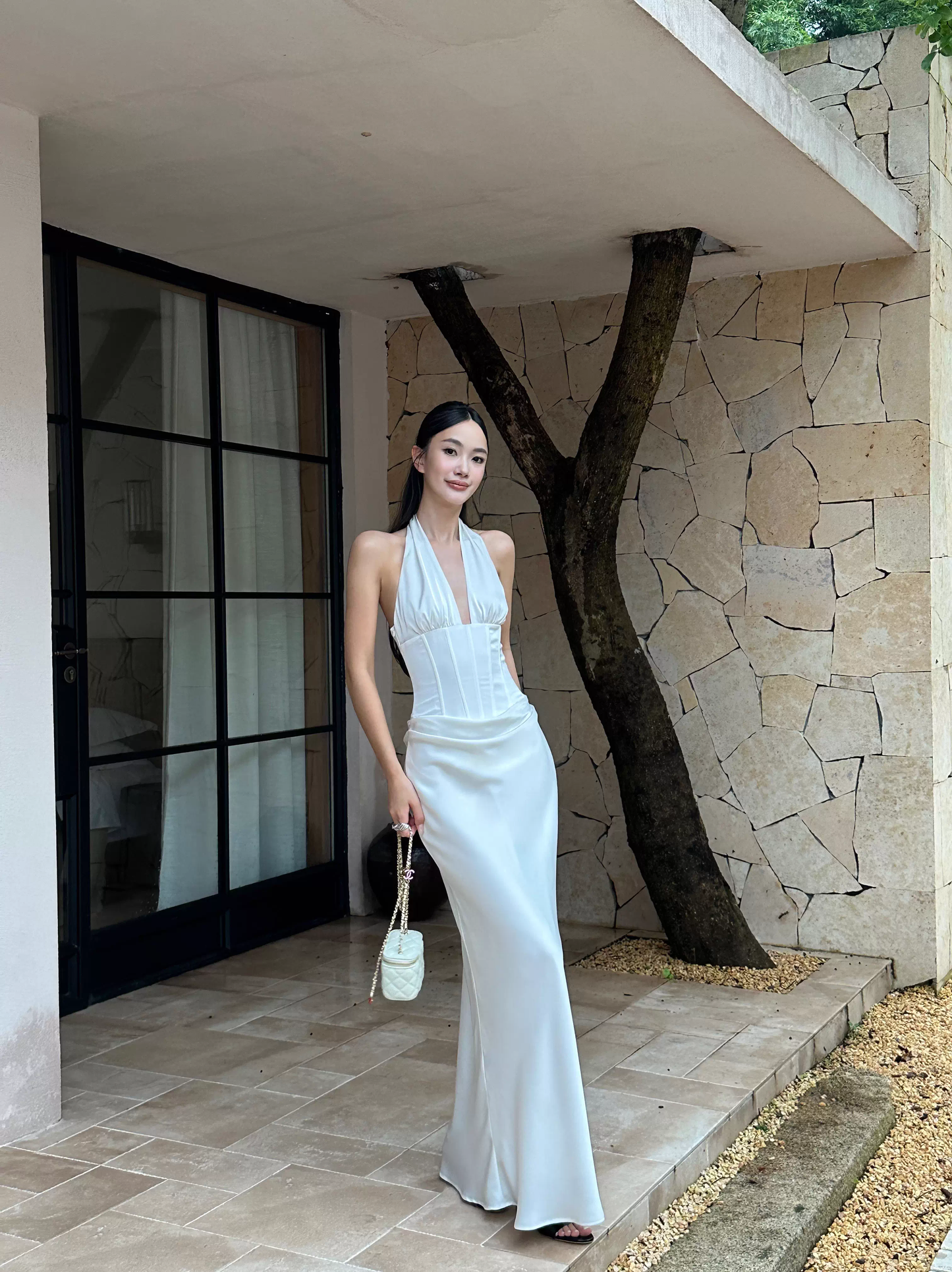 Classy White Halter Satin Mermaid Long Evening Dress Birthday Prom Dress Party Gown D2088