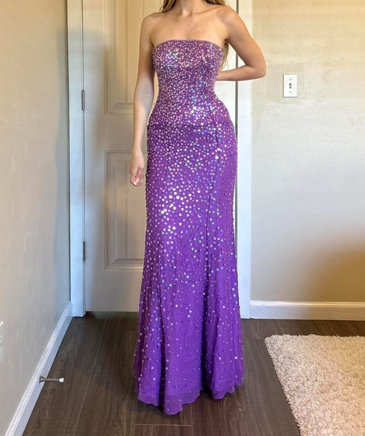 Glitter Strapless Chiffon Sequin Beaded Mermaid Evening Dress Purple Long Birthday Party Dress D1970