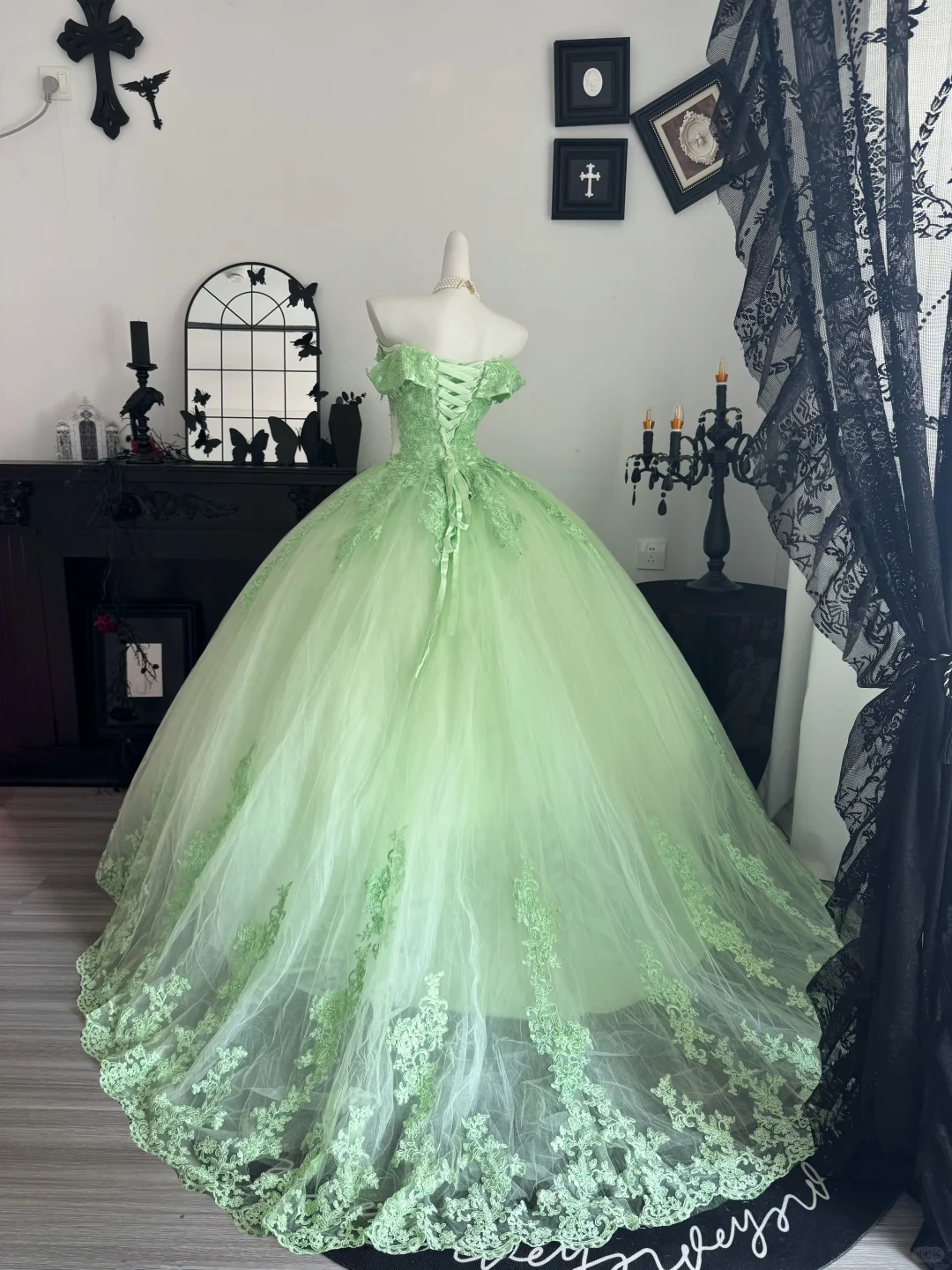 Cute Off The Shoulder Tulle Appliques Sweet 15 Dress,Green Quinceanera Dress With Bow D3722