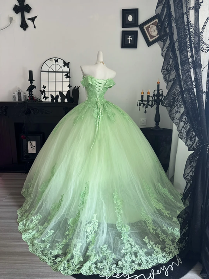 Cute Off The Shoulder Tulle Appliques Sweet 15 Dress,Green Quinceanera Dress With Bow D3722