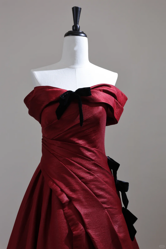 Vintage Burgundy Off The Shoulder Satin Pleated Long Party Dress Evening Dress D3127