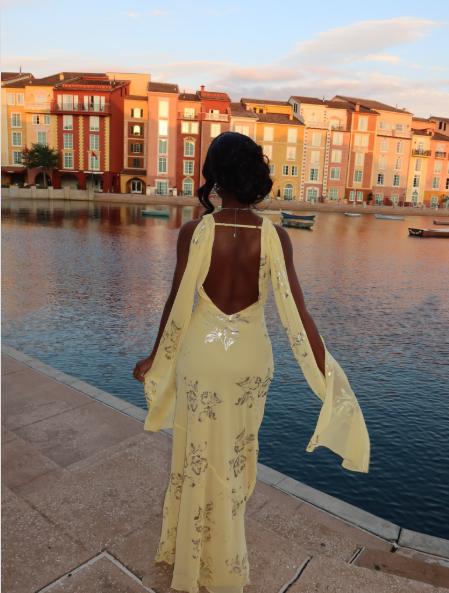 Pretty Yellow Chiffon Long Evening Dress Backless Birthday Party Dress D4962