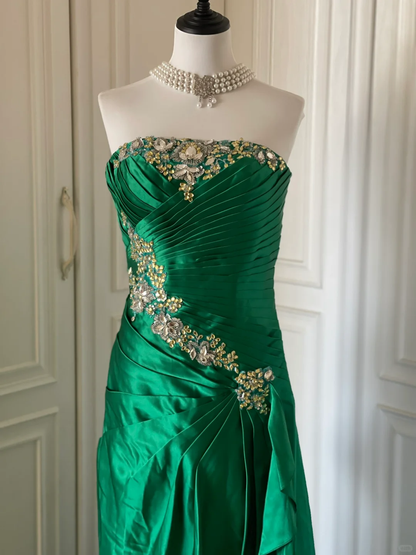 Fashion Green Strapless Satin Pleated Beaded Long Evening Dress Prom Dress D3108