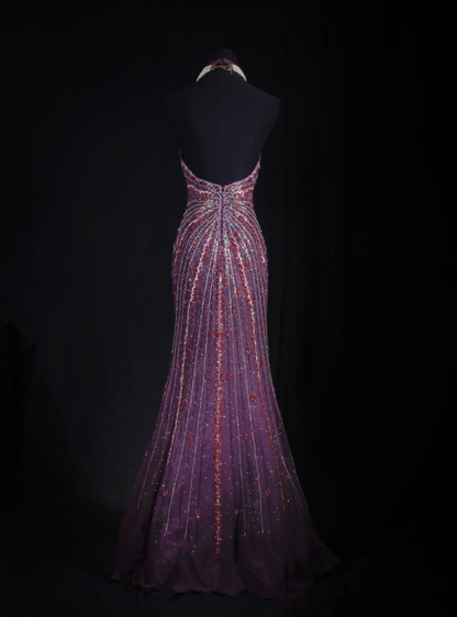 Purple Vintage V Neck Halter Satin Beaded Mermaid Long Party Dress Backless Evening Gown D2237