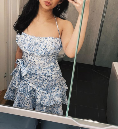 Elegant Blue Satin Printed Floral Short 7th Grade Homecoming Dress,Halter Mini Cocktail Dress D3284