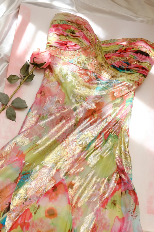 Gorgeous Sweetheart Neck Sequin Chiffon Print Floral Mermaid Long Party Dress Birthday Prom Dress D2750