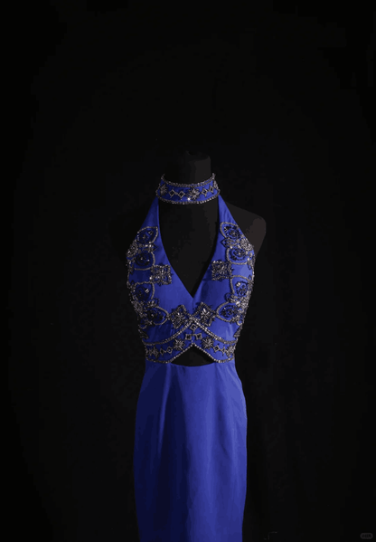 Sexy Halter Blue Satin Beaded Sheath Cocktail Dress Short 6th Grade Homecoming Dress D3326