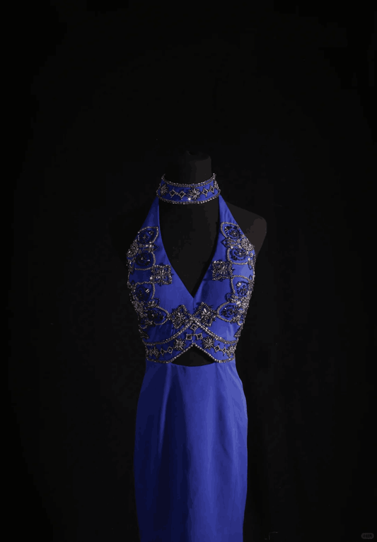 Sexy Halter Blue Satin Beaded Sheath Cocktail Dress Short 6th Grade Homecoming Dress D3326