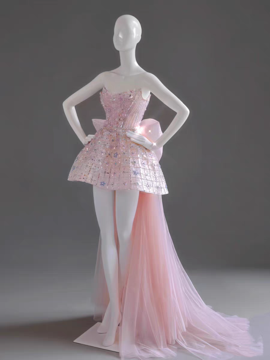 Glitter Strapless Tulle Beaded Mini Birthday Dress Pink Homecoming Dress With Bow S257