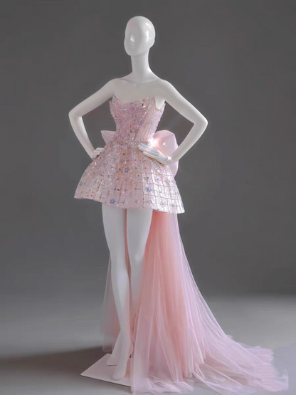 Glitter Strapless Tulle Beaded Mini Birthday Dress Pink Homecoming Dress With Bow S257