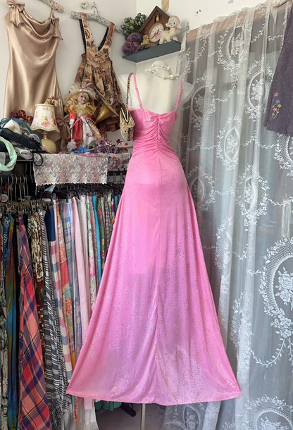 Charming Spaghetti Straps V Neck Satin Sequin Mermaid Party Dress,Pink Long Prom Gowns D2879