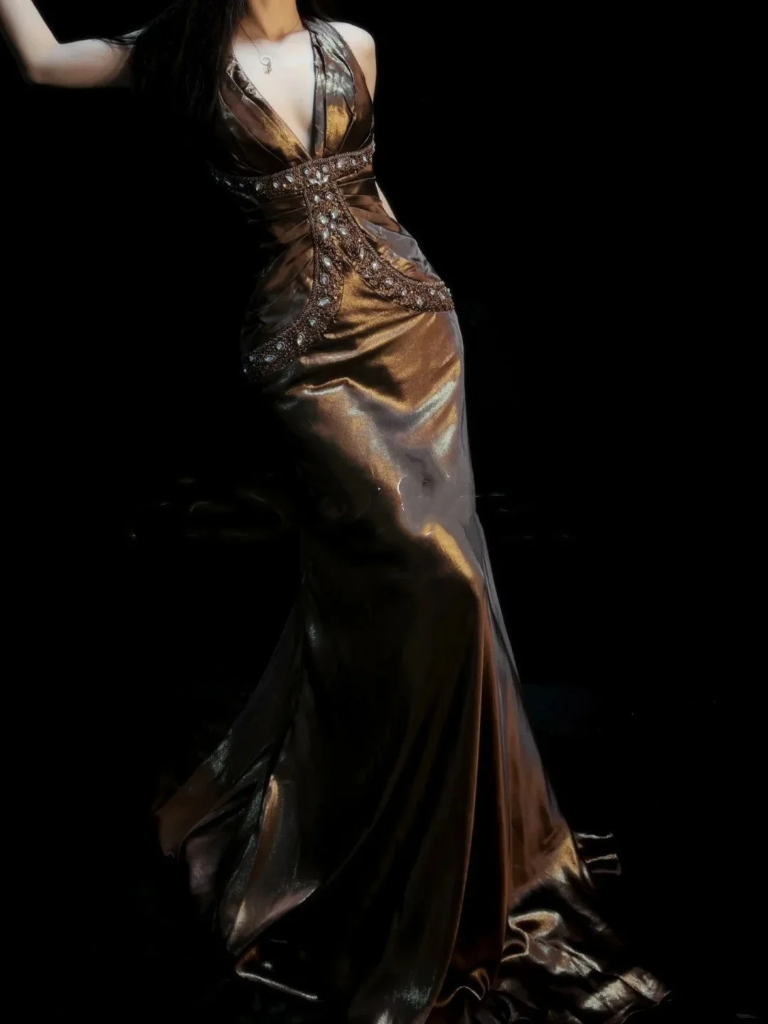 Vintage Brown Mermaid Halter Satin With Beaded Gem Long Prom Dresses Party Dress D4429