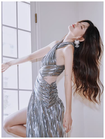 Fashion Silver Gray Satin Pleated High Slit Long Evening Dress Sexy Prom Dress D2429
