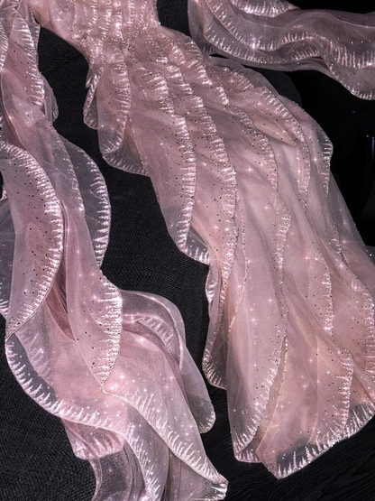 Glitter Off The Shoulder Pink Tulle Ruffle Sequin Long Evening Dress 18th Birthday Party D4547
