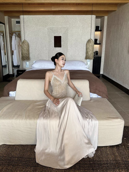 Unique Apricot Spaghetti Straps V Neck Lace Satin A Line Long Evening Dress Party Gown D2127