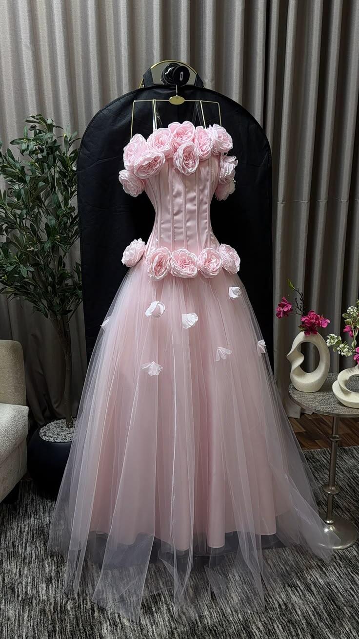Elegant Pink Strapless 3D Floral Tulle Long Party Dress Evening Dress D3737