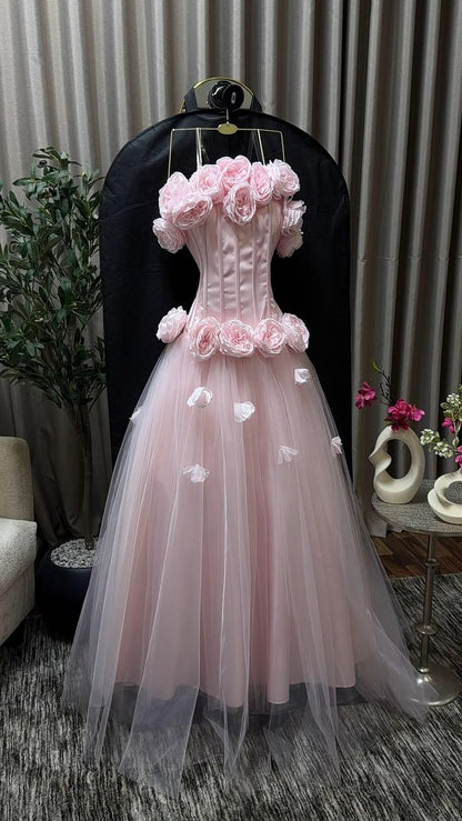 Elegant Pink Strapless 3D Floral Tulle Long Party Dress Evening Dress D3737