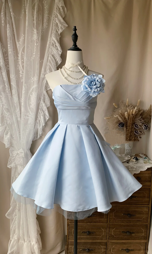 Elegant Blue Strapless Satin Tulle A Line Short Homecoming Dress Birthday Dress With 3D Flower D3176
