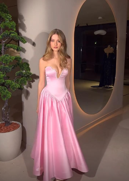 Pretty Sweetheart Neck Pink Satin Beaded A Line Long Party Dress Birthday Prom Dress D3738