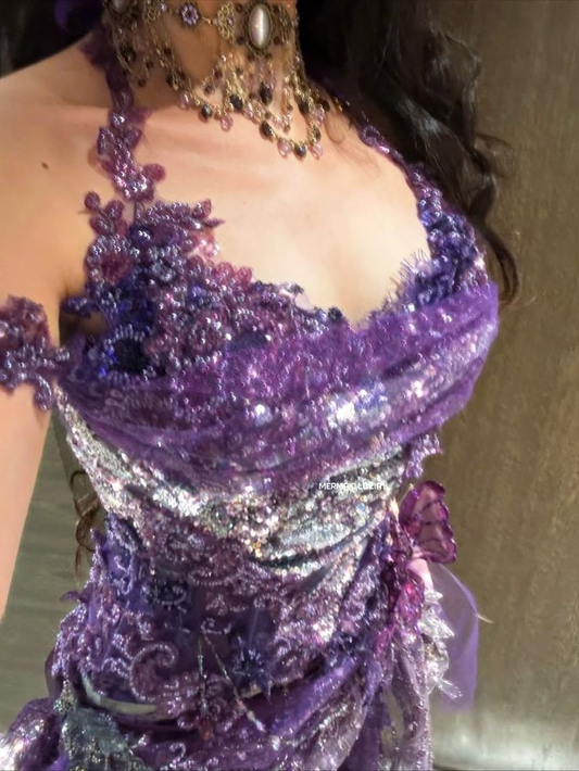 Vintage Halter Purple Tulle Lace Sequin Sheath Cocktail Dress,Short Birthday Outfits D3664