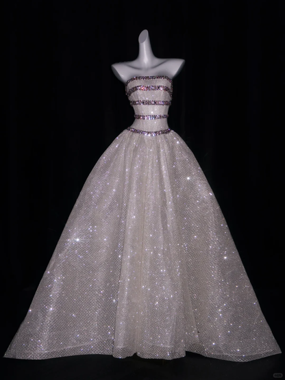 Glitter Strapless Tulle Sequin Beaded Long Wedding Dress D3077