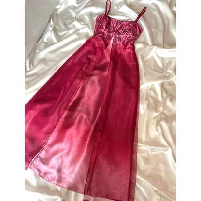 Pretty Spaghetti Straps Ombre Hot Pink Satin Beaded A Line Long Evening Dress Birthday Party Dress D1534