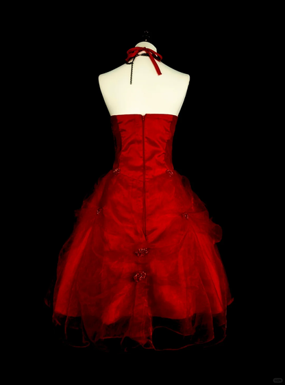 Charming Halter Red Satin Tulle Beaded A Line Short Homecoming Dress Birthday Dress D4048