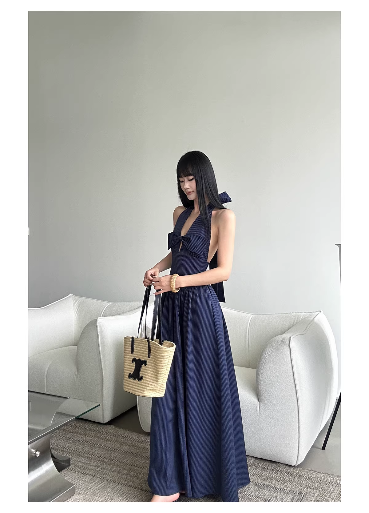 Cute Halter  A-Line Black White Striped Butterfly Bow V-Neck Long Evening Dress Birthday Party Gown D2083