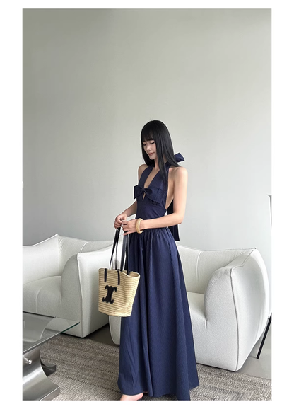 Cute Halter  A-Line Black White Striped Butterfly Bow V-Neck Long Evening Dress Birthday Party Gown D2083