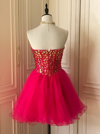Gorgeous Strapless Red Tulle Beaded Formal Birthday Outfits Homecoming Dress S543