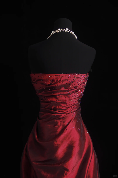 Retro Burgundy Strapless Satin Pleated Beaded Long Prom Dress Evening Gown D2856