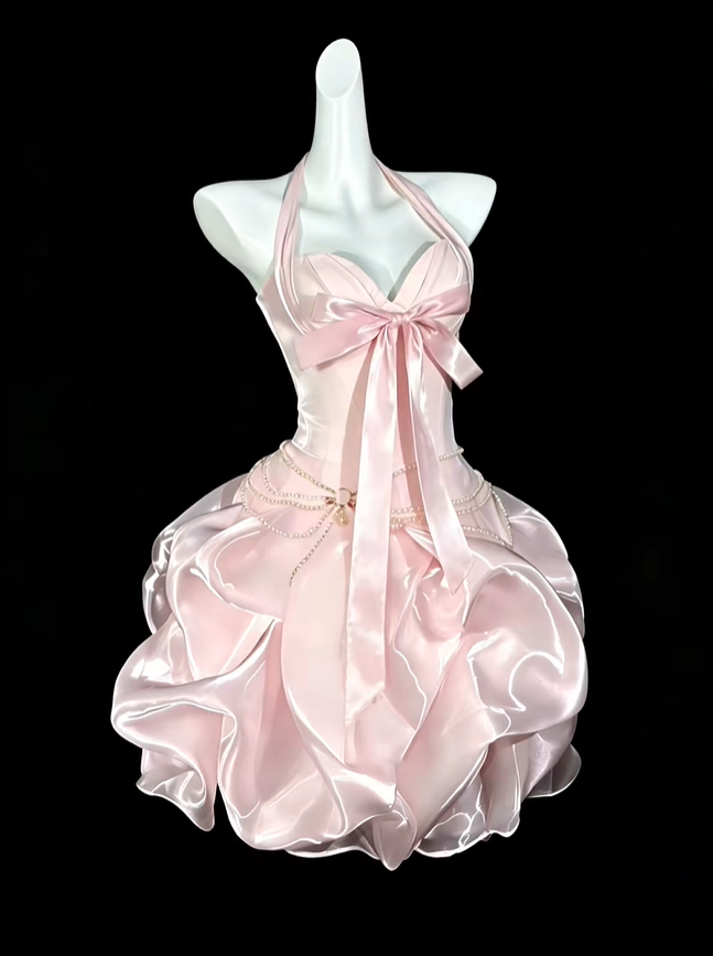 Charming Pink Halter Satin Tulle Pleated A Line Short Birthday Outfits,Formal Graduation Homecoming Dress D4173