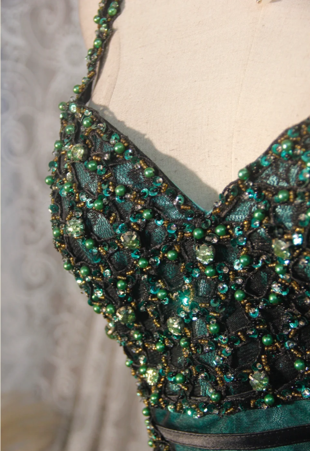 Vintage Spaghetti Straps Satin Tulle Beaded Mermaid Evening Dress Dark Green Long Party Gown D2252
