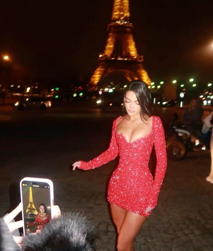Glitter Red Sequin Long Sleeve V Neck Bodycon Mini Birthday Dress Homecoming Dress D3647