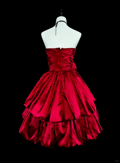 Fairy Bow Satin Layered A Line Short 17th Birthday Outfits,Red Short Party Dress D4066