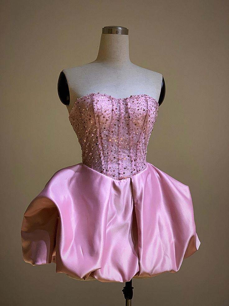 Pretty Strapless Hot Pink Satin Sequin A Line Short Homecoming Dress Formal 20th Birthday Outfits D773