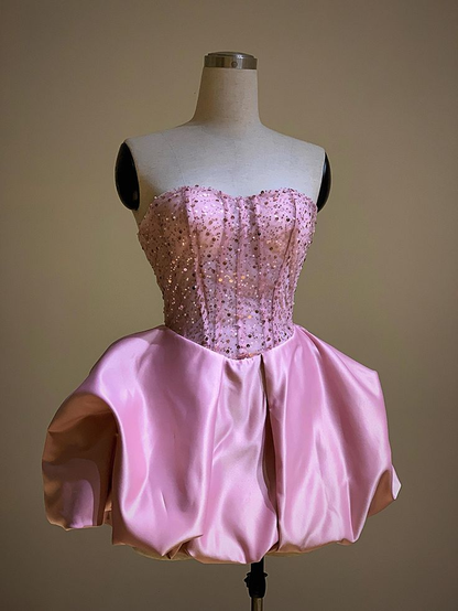 Pretty Strapless Hot Pink Satin Sequin A Line Short Homecoming Dress Formal 20th Birthday Outfits D773