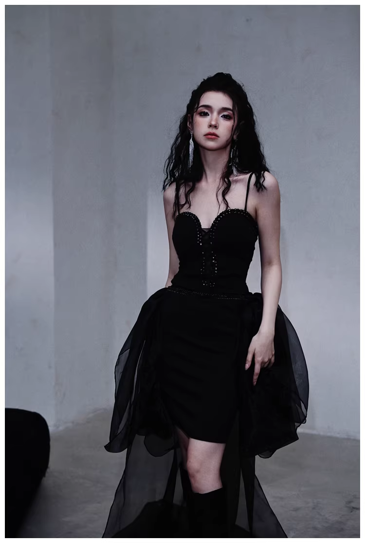 Gorgeous Black Organza Satin Beaded Long Party Dress Birthday Evening Dress D2445
