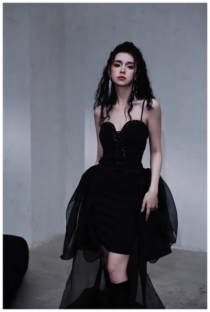 Gorgeous Black Organza Satin Beaded Long Party Dress Birthday Evening Dress D2445