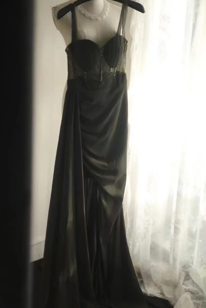 Vintage Green Spaghetti Straps Satin Beaded Mermaid Slit Long Evening Dress Party Gown D2202