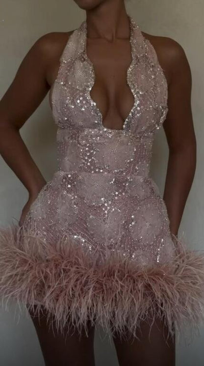Elegant V Neck Satin Sequin Feathers Short Party Dress Pink Sheath Short Homecoming Dress D4454